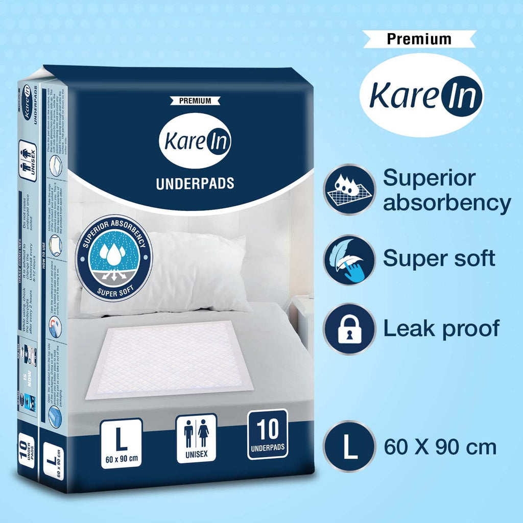 KareIn Premium Underpads, Large 60 x 90 Cm, 10 Count, High Absorbency, Leak Proof, Pack of 1