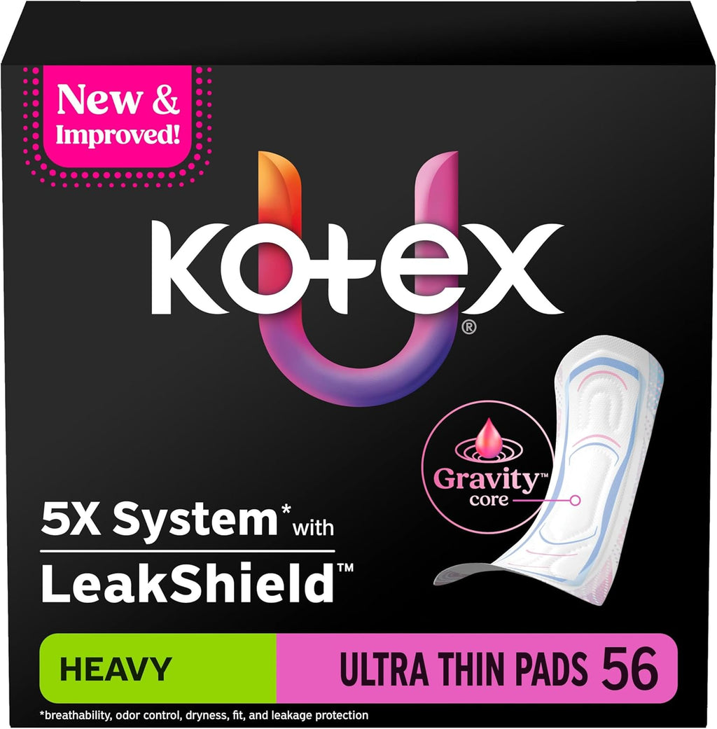 Kotex Ultra Thin Pads, Heavy Absorbency, 56 Count (Packaging May Vary)
