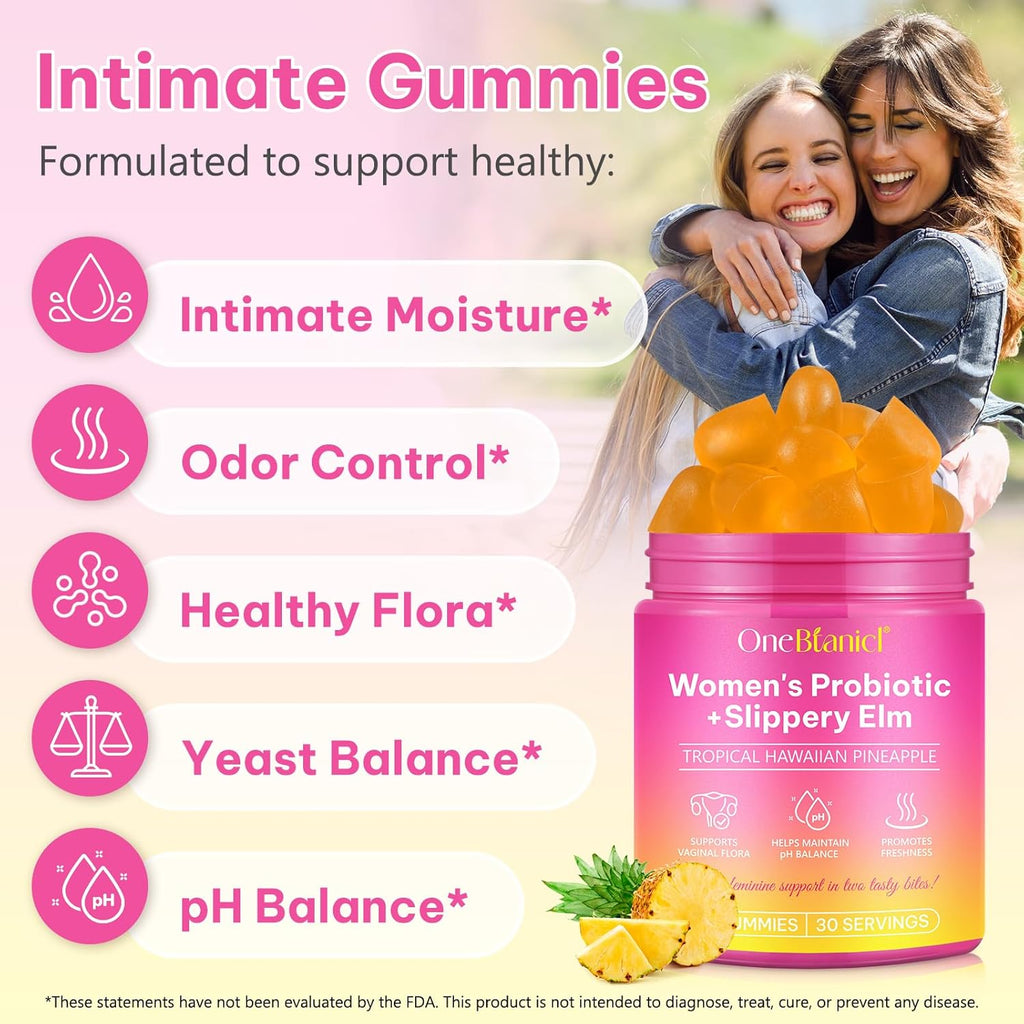 Women’s Probiotic Gummies with Slippery Elm | Plant-Based Prebiotic & Probiotic Blend | Natural Pineapple Flavour | Vegan & Gluten-Free | 60 Gummies