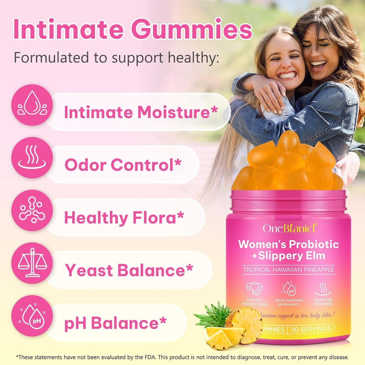 Women’s Probiotic Gummies with Slippery Elm | Plant-Based Prebiotic & Probiotic Blend | Natural Pineapple Flavour | Vegan & Gluten-Free | 60 Gummies