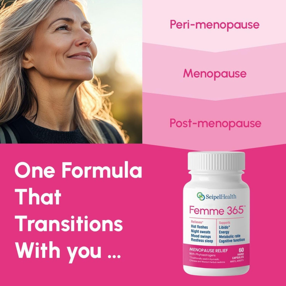 Femme 365 Hormonal Support for Women, Herbal Hormonal Supplements for Peri-Menopause and Menopause, Reduces Symptoms of Intense Hot Flushes, Promotes Healthy Libido, and More, 60 Capsules