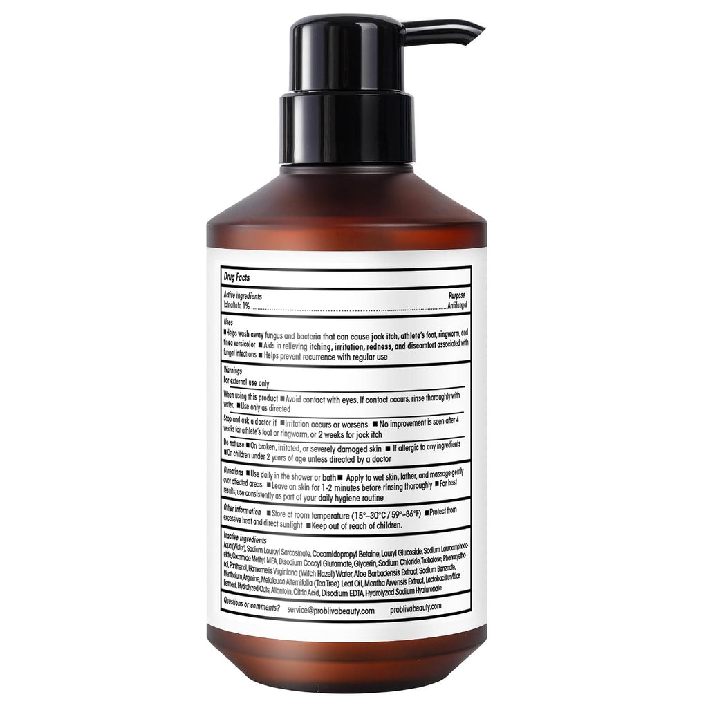 ProBliva Antifungal Body Wash Treatment Soap - Jock Itch, Ringworm, Back Acne, Tinea & Foot Odor – Skin Relief Cleanser Gel with Tea Tree Oil & Tolnaftate for Men and Women (with Brush Kit)