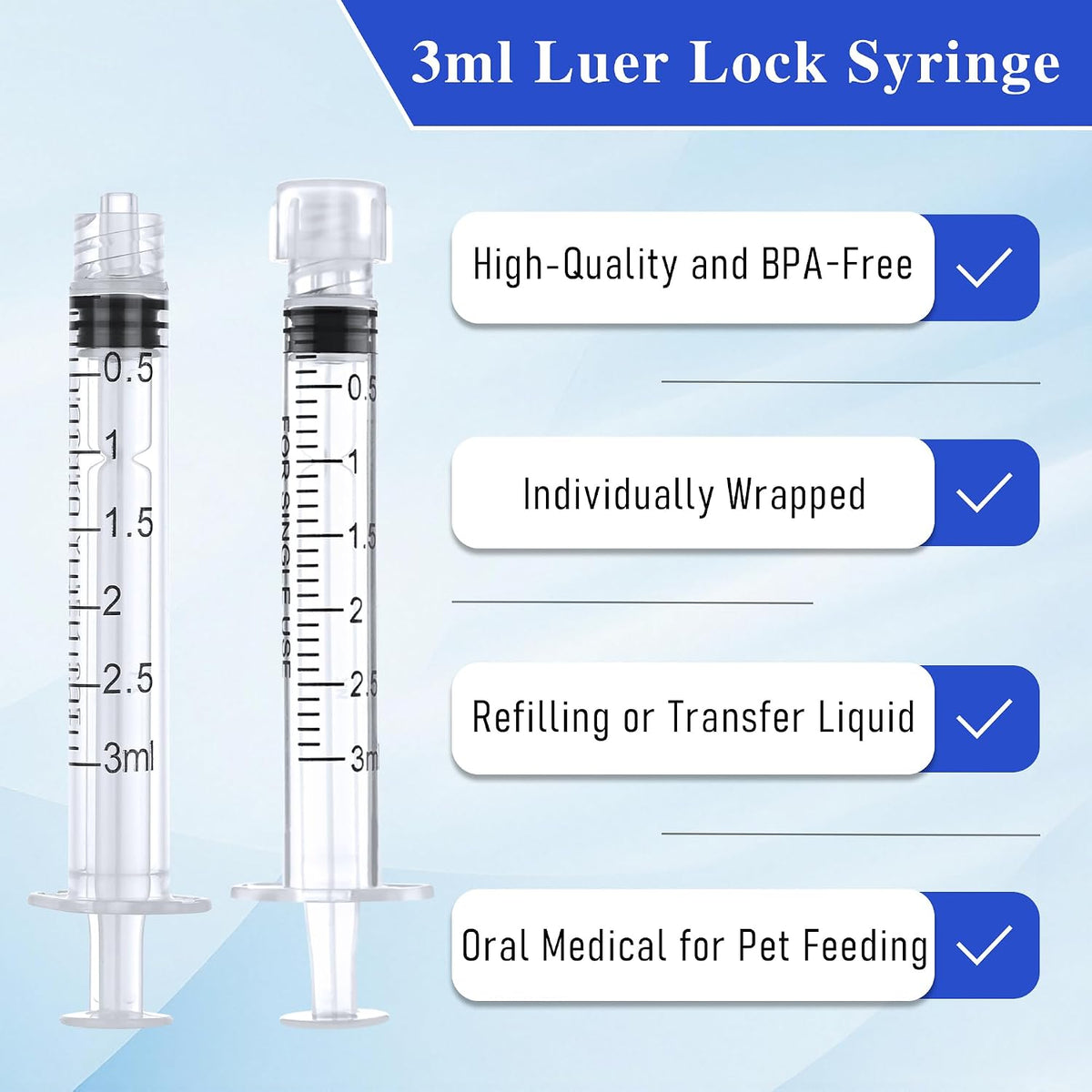 3ml Luer Lock Syringe, 20Pack Syringes Without Needle for Liquids, Measuring, Refilling, Oil, Glue Applicator