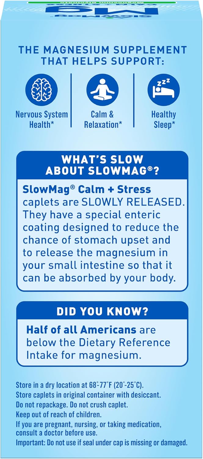 SlowMag Magnesium Glycinate Caplets, 100 Count, Slow-Release, Calm & Stress Support, Healthy Sleep, Gentle on Stomach, Chelated Magnesium Glycinate Supplements for Women & Men