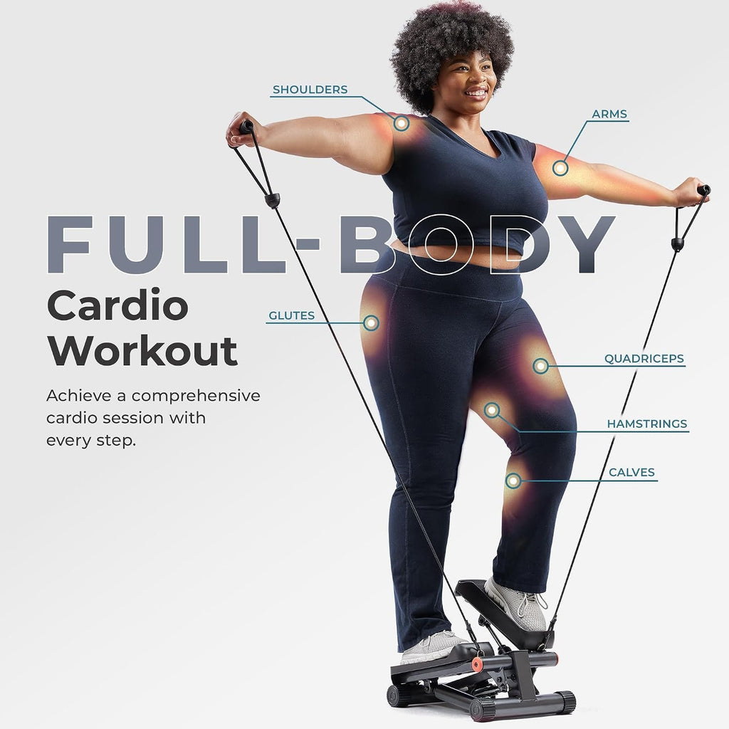 Sunny Health & Fitness Mini Stair Stepper w/Resistance Bands for Home Gym | Full Body Cardio, Adjustable Step Height, Hydraulic Resistance, LCD Meter, No Assembly, 300 lb Capacity, SunnyFit App