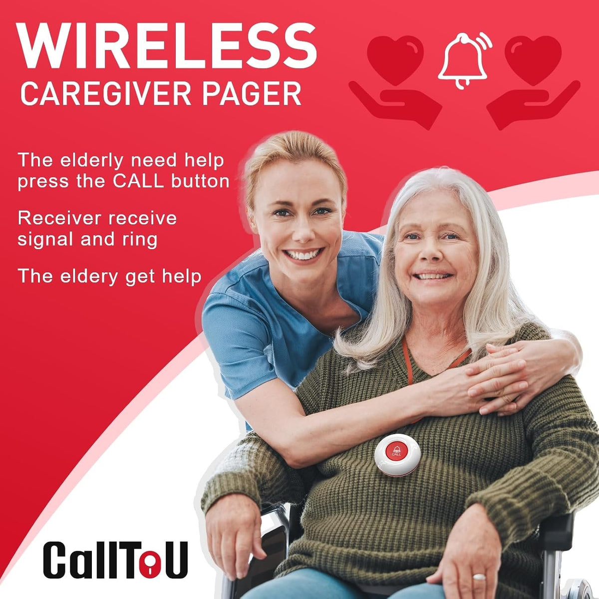 CallToU Caregiver Pager with 2 Wireless Call Button for Elderly at Home | Easy Use, Loud Whole-Home Alerts, 500+FT Through-Wall, Waterproof Call Bell Alert Buttons for Seniors/Elderly/Patients/Adults