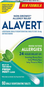 Alavert 24-Hour Allergy Relief, Non-Drowsy, Fresh Mint Flavor, 60 Tablets | Antihistamine providing 24-hour allergy relief, Loratadine 10mg, easy to take, no water needed, orally disintegrating tablets