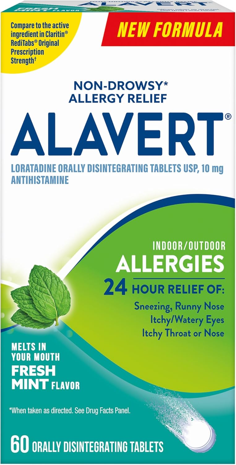 Alavert 24-Hour Allergy Relief, Non-Drowsy, Fresh Mint Flavor, 60 Tablets | Antihistamine providing 24-hour allergy relief, Loratadine 10mg, easy to take, no water needed, orally disintegrating tablets