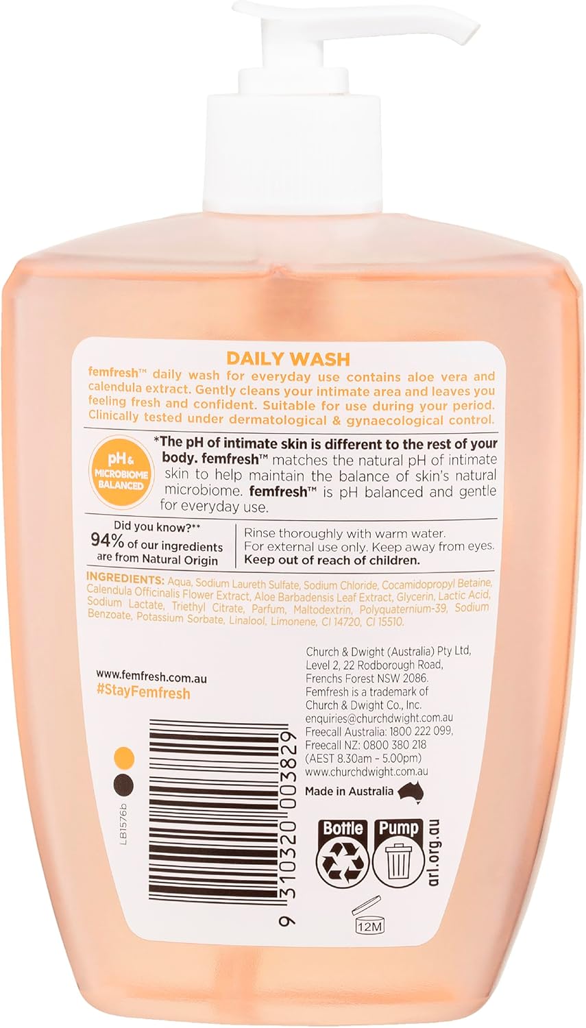 Femfresh Daily Intimate Wash 600ml - pH & Microbiome Balanced, With Aloe Vera & Calendula Extracts, 94% Natural Origin Ingredients, Hypoallergenic & Soap-Free, Gentle Feminine Wash for Freshness