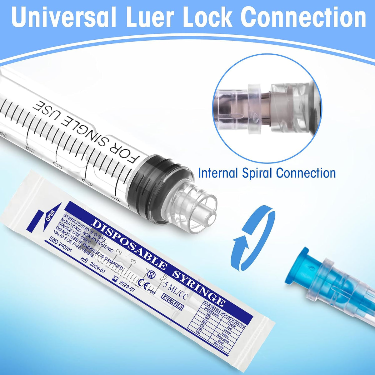50Pack 5ml/cc Luer Lock Syringe without Needle, Plastic Syringe with Caps for Liquid, Sterile Individually Wrapped