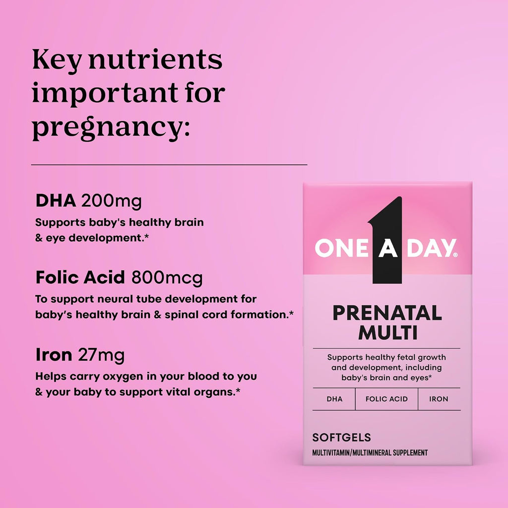 One A Day Prenatal Vitamins- Folic Acid, Iron, Omega- 3 (DHA), Pregnancy Vitamins for Women, Prenatal Multivitamin for Mom and Baby Support, Pregnancy Must Haves 30 Ct (Packaging May Vary)