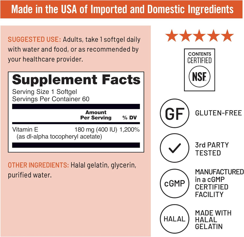 NatureWise Vitamin E 400 IU Softgels (180mg DL-Alpha) - Dairy, Gluten, and Soy Free, Non-GMO Antioxidant Dietary Supplement for Skin, Heart, Eye, and Immune Health Support - 2-Month Supply, 60 Count
