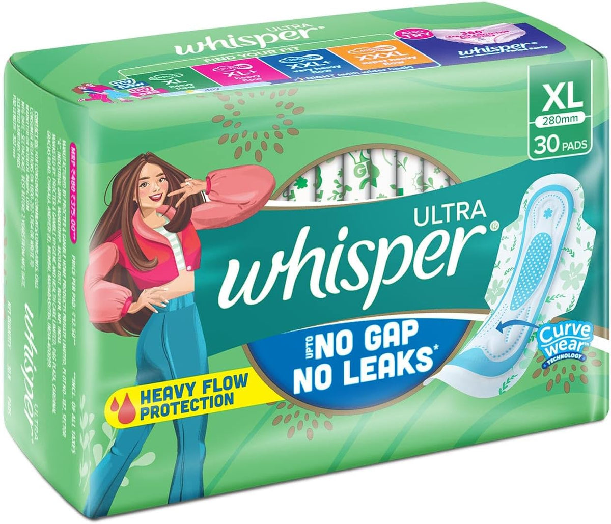 Whisper Ultra Clean Sanitary with Wings - 30 Pieces (XL)