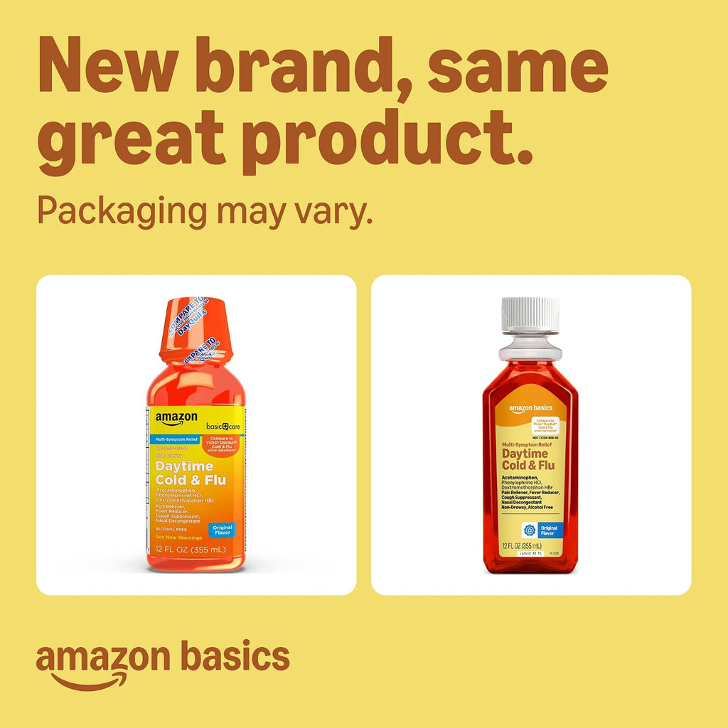 Amazon Basics Daytime Cold and Flu Relief, Non-Drowsy, Liquid Medicine, Original Flavor, 12 fl oz (Pack of 1) (Previously Care)