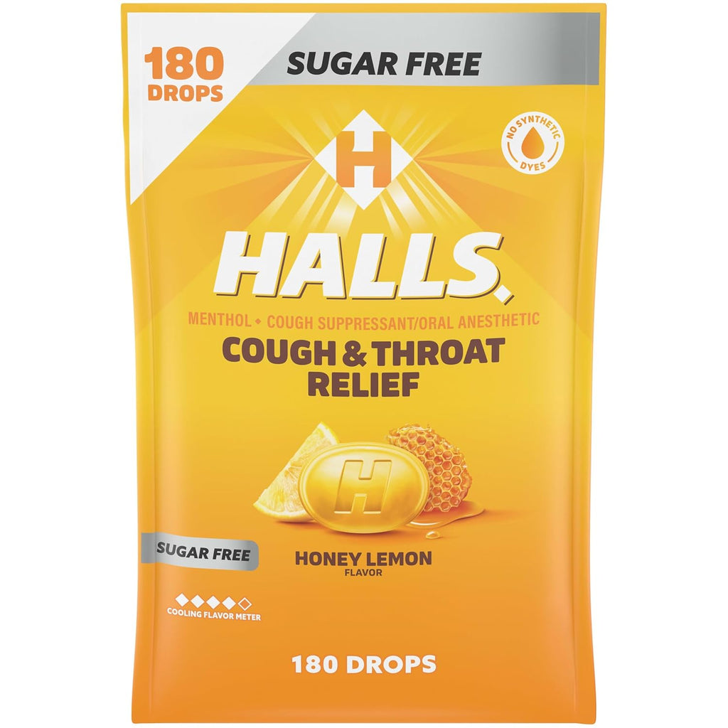 HALLS Cough & Throat Relief Honey Lemon Sugar Free Cough Drops, 180 ct | No Synthetic Dyes, Bulk Pack