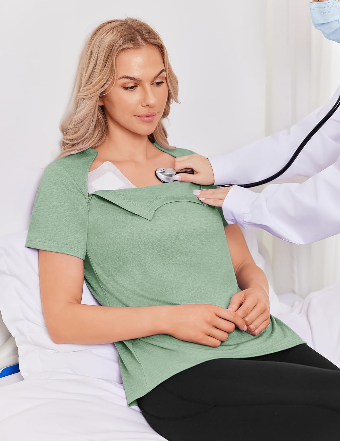 Deyeek Chemo Shirts for Port Access Women with 2 Hidden Side Zippers Post Surgery Short Sleeve Tear Away Adaptive Top Tees