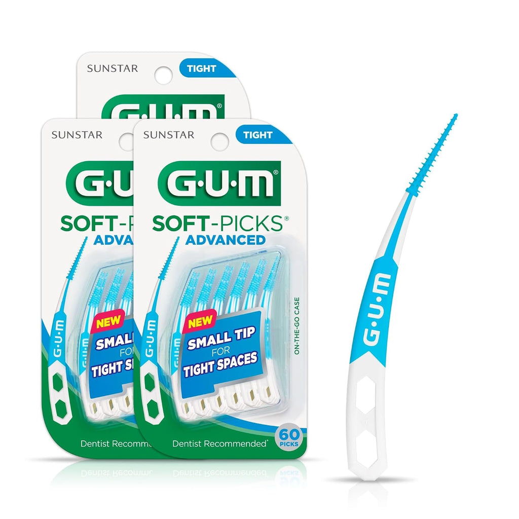 GUM Soft-Picks Advanced Tight Interdental Picks, 60 Count (3 Pack) | Soft bristles, Tapered for tight spaces, braces & bridges, Longer curved handle, Includes travel case, Disposable picks