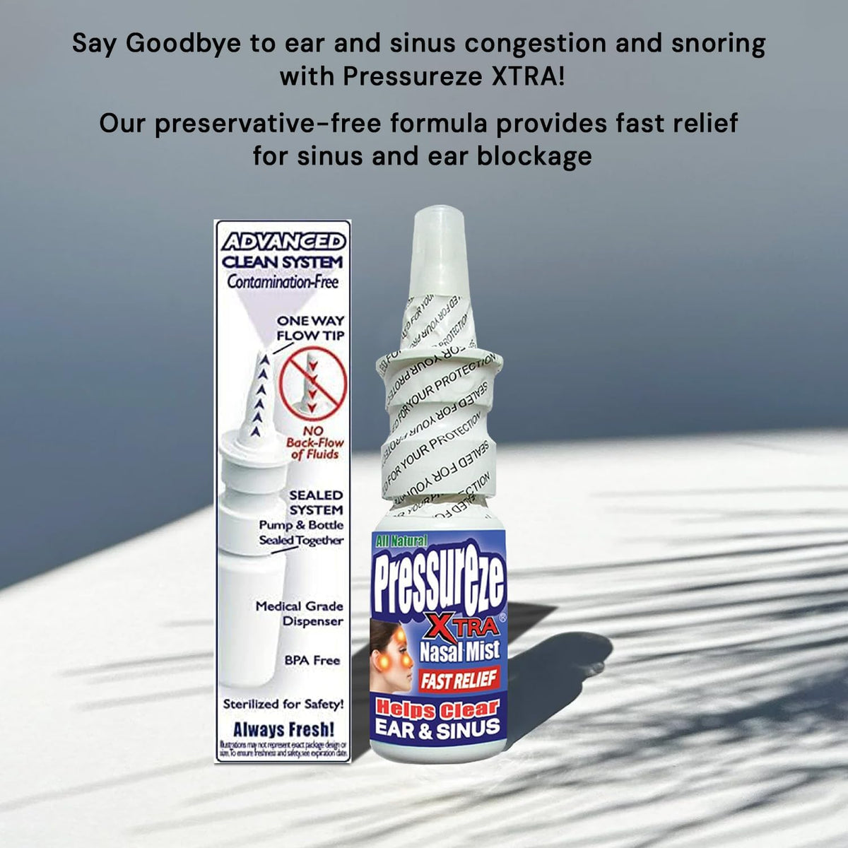 Pressureze Xtra - Natural- Preservative Free - Sterile Nasal Spray - for Severe Sinus Congestion Relief - Opens Blocked Ear Canals, Snoring - 245 Sprays, 34 ml (Pack of 1)