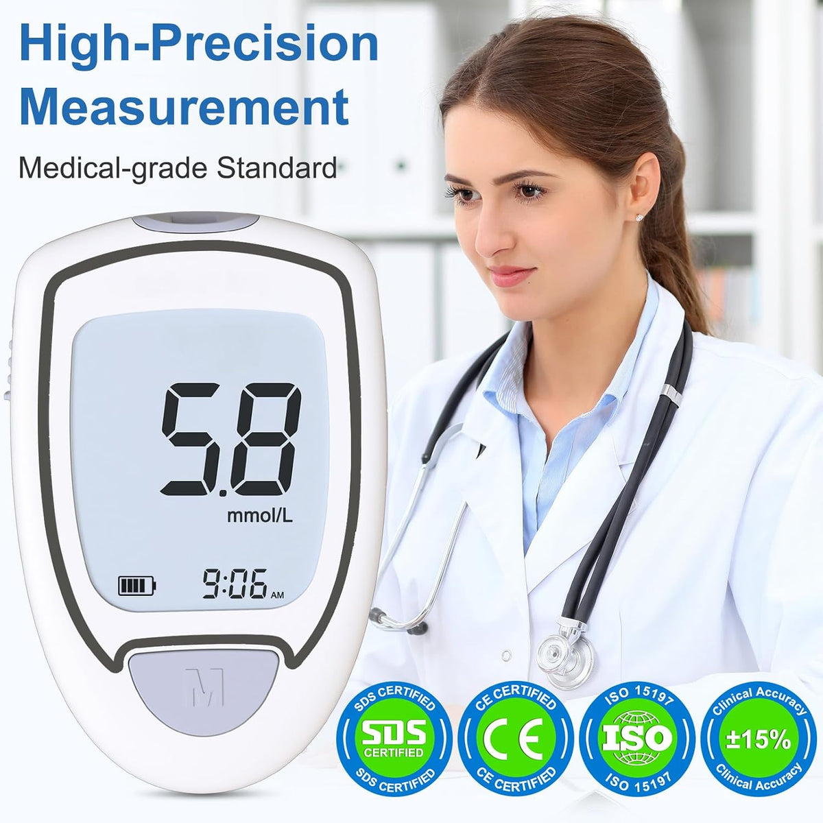 Glucose Monitor Kit, Blood Sugar Monitor with 50 Test Strips & 50 Lancets for Diabetes Testing, High Accuracy Blood Glucose Meter with Auto Eject, No Coding & Large LCD for Seniors, Glucometer Diabetes Testing Kit for Travel & Home Use