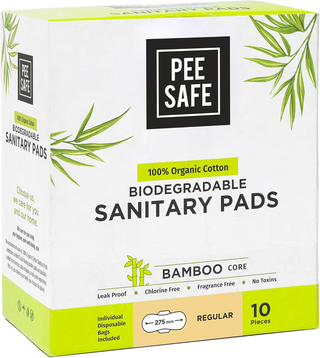 Pee Safe Organic Cotton Biodegradable Sanitary Pads, Regular | Anti-Bacterial | Superb Absorbency | Long Lasting Protection | Skin Friendly | Comfortable & Easy To Use | Pack of 10