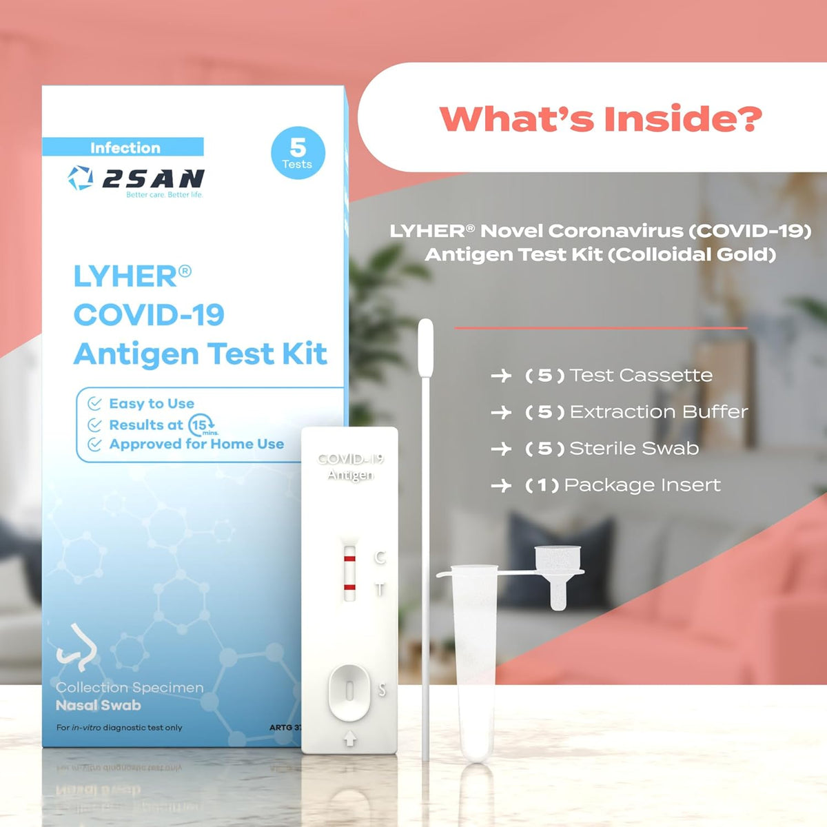 2San COVID-19 Antigen Rapid Test Kit, 15-Minute At-Home Nasal Swab Self-Test, Fast and Reliable COVID-19 Detection, 5 Pack