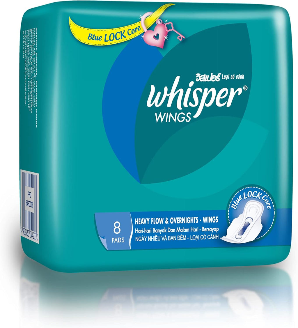WHISPER Heavy Flow and Overnights Wings 8's, 8 count