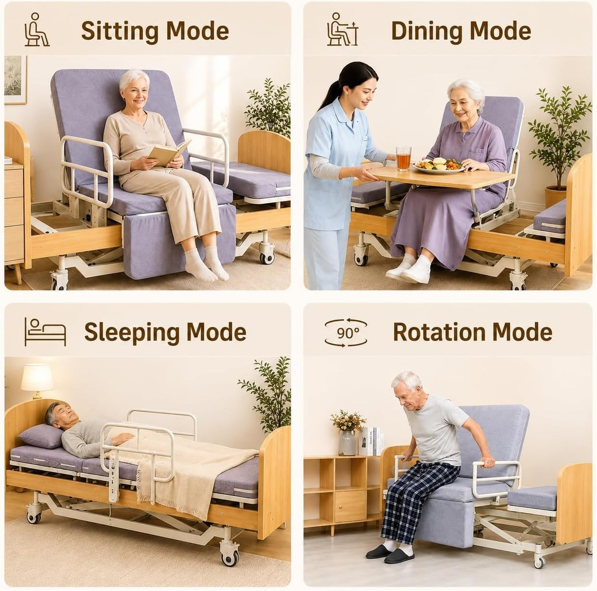 Rotating Electric Hospital Beds for Home Use, 90° Sit-to-Stand Nursing Medical Bed for Seniors and Disabled with Adjustable Height, Backrest, Leg Rest, 550 lbs Capacity, Mattress Included