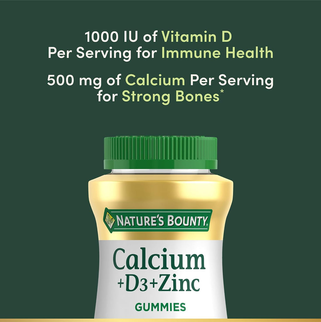 Nature's Bounty Calcium + D3 + Zinc Gummies, 500mg, 70ct | Orange & Cherry, Supports Strong Bones & Teeth, Healthy Immune System