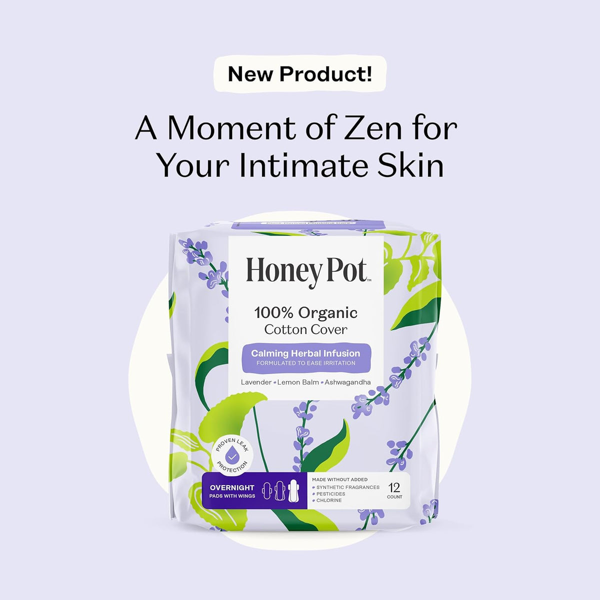 Honey Pot Calming Overnight Sanitary Pads for Women - 100% Organic Cotton Top Sheet - Feminine Care - Non Cooling - Calming Herbs of Lavender, Ashwagandha, & Lemon Balm - 12ct