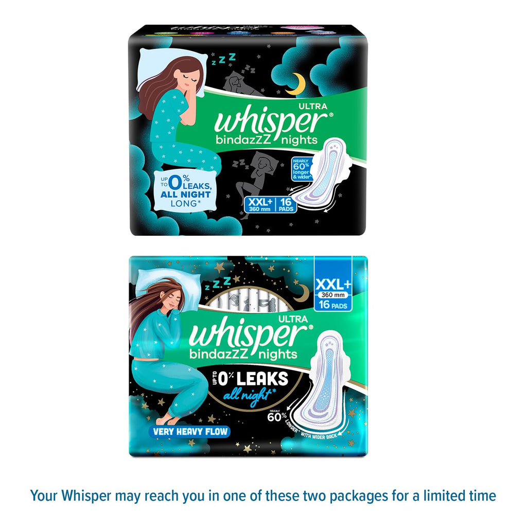 Whisper Bindazzz Nights 16 XXL+ Sanitary Pads, Upto 0% Leaks All Night Long, For Very Heavy Flow, Nearly 60% Longer with Wider Back, Active odor lock so you feel fresh, Disposable Wrapper