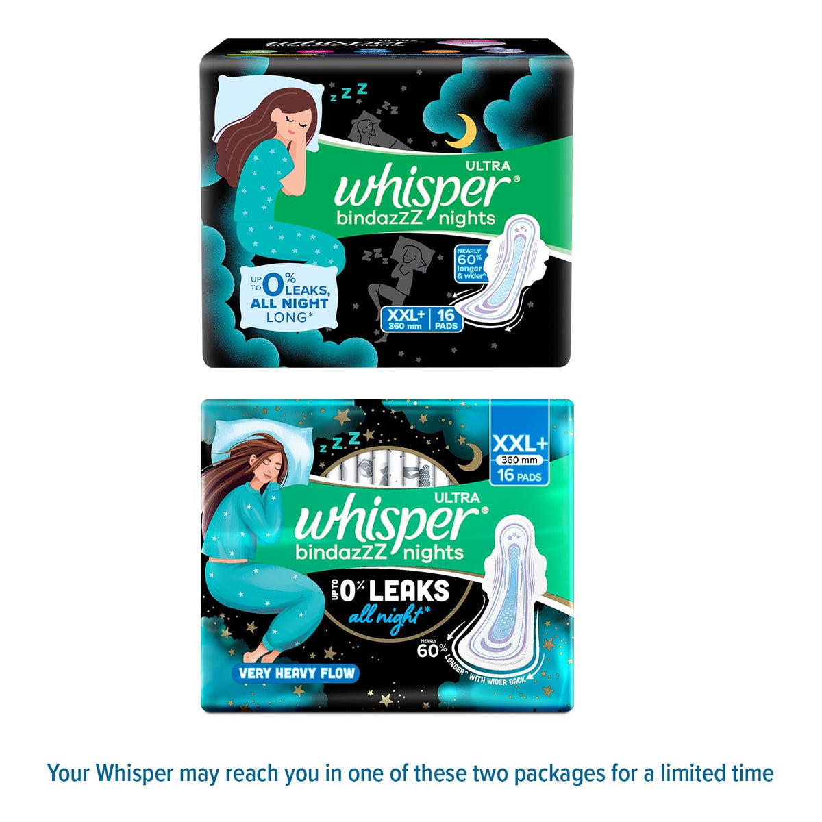 Whisper Bindazzz Nights 16 XXL+ Sanitary Pads, Upto 0% Leaks All Night Long, For Very Heavy Flow, Nearly 60% Longer with Wider Back, Active odor lock so you feel fresh, Disposable Wrapper