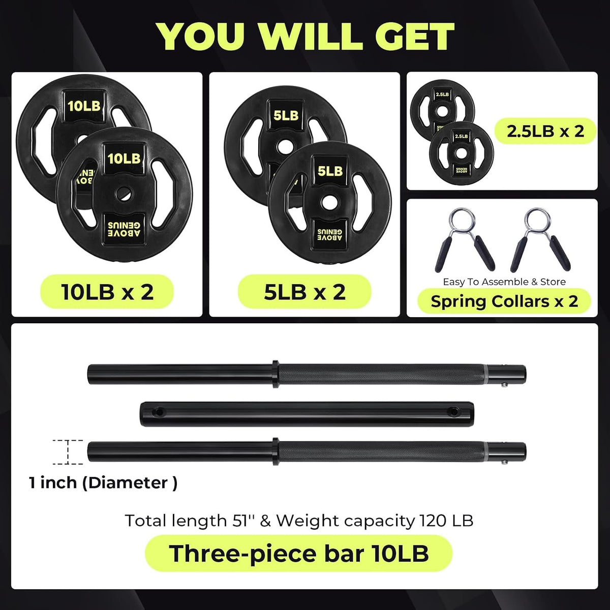 AboveGenius 45 lb Barbell Weight Set, Adjustable Workout Bar | Barbell Weight Set for Home Gym Strength Training, Full Body Workout, Muscle Building, Home Fitness Weight Lifting Equipment