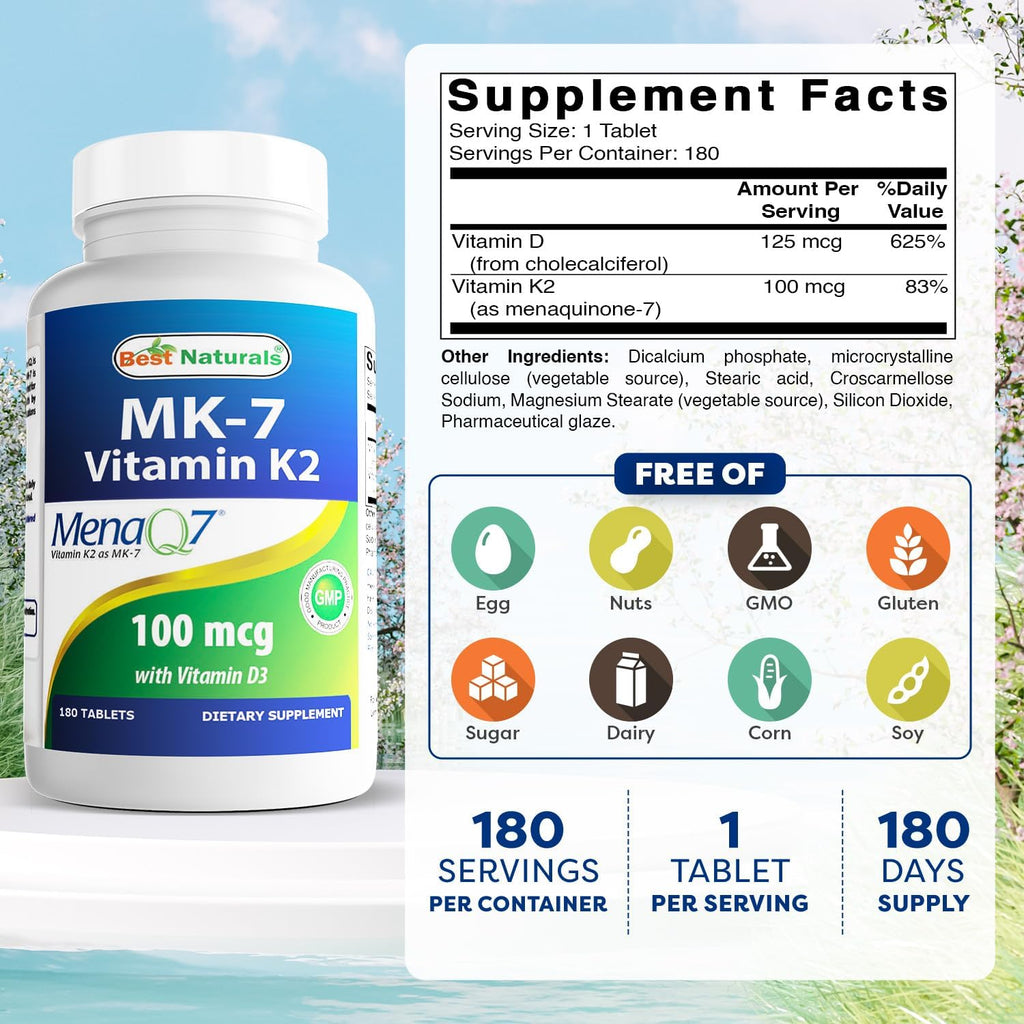 Best Naturals Vitamin K2 (MK7) with D3 Supplement Bone and Heart Health (5000 IU Vitamin D3 & 100 mcg Vitamin K2 MK7), 180 Tablets