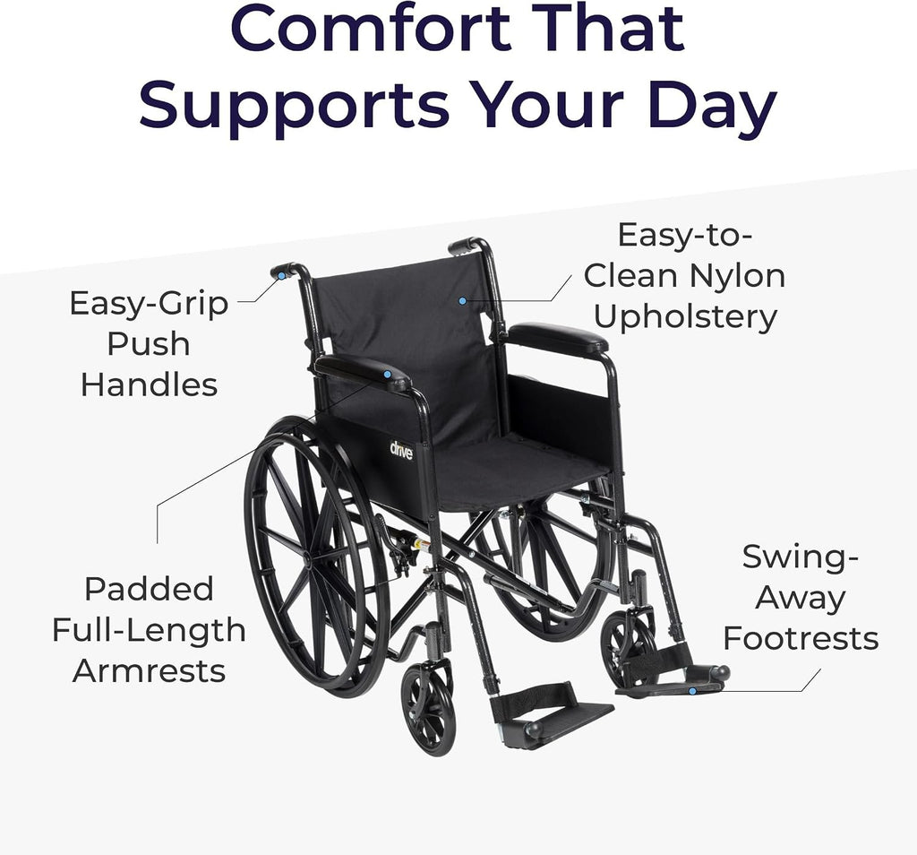 Drive Medical Silver Sport 1 Folding Transport Wheelchair, Black | Lightweight Folding Wheelchair Features Full Armrests and Removable Swing-Away Footrests for Easy Mobility
