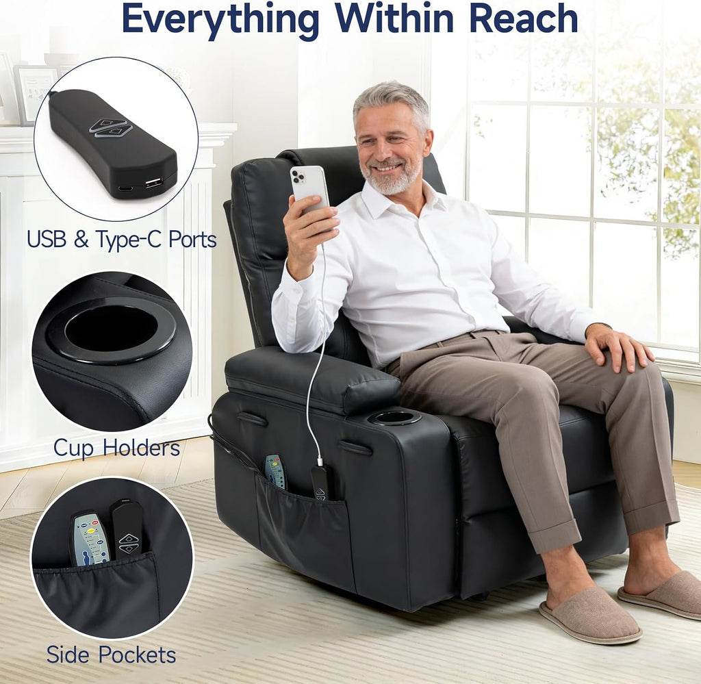 Power Lift Recliner Electric Chair for Elderly with USB Charge Port, Black | Fits 5'2"–5'9" Heights, PU Leather Recliner with Massage & Heat, 160° Adjustable Recline, Stand Assist, Remote, Cup Holders