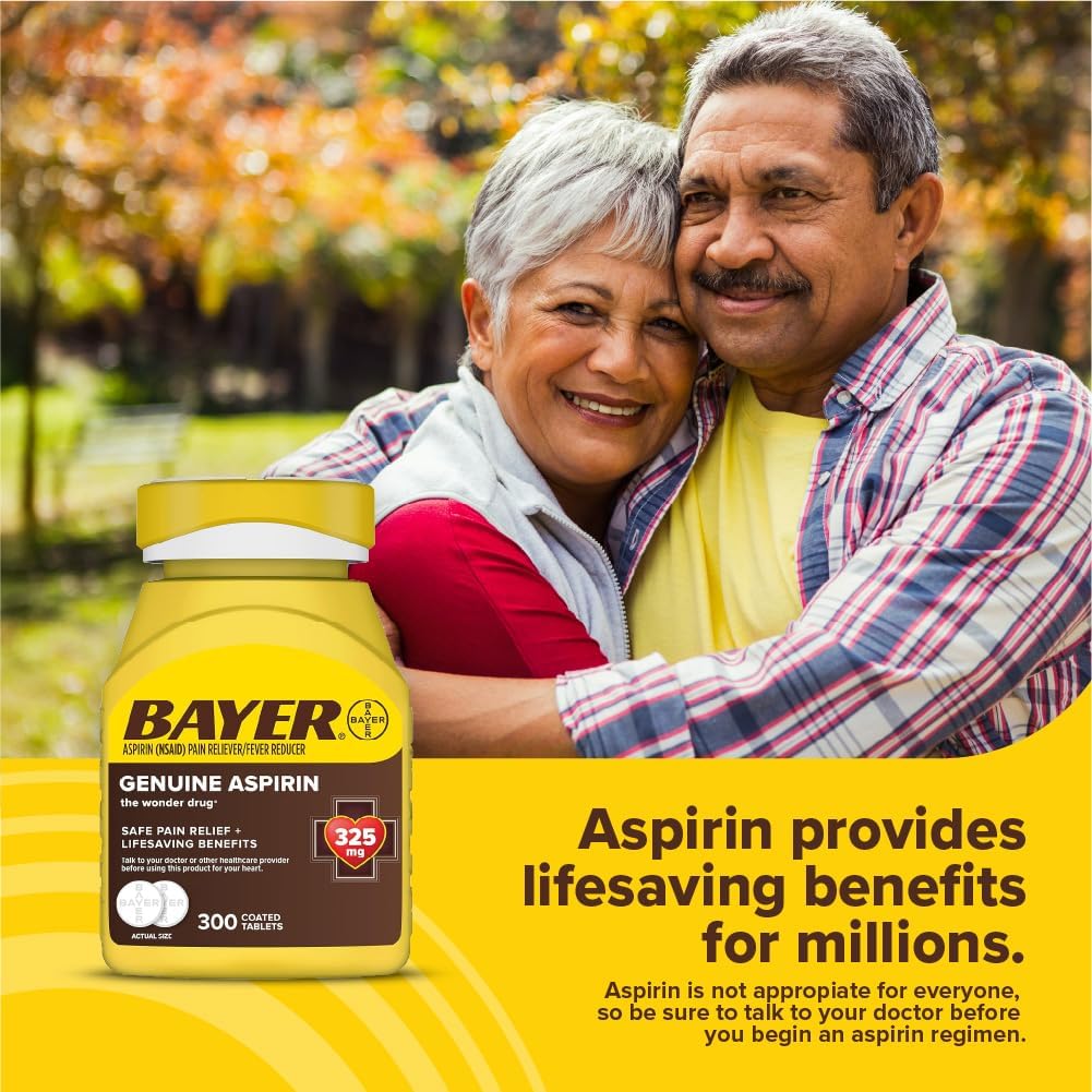 Bayer Genuine Aspirin 325 mg, Coated Tablets for Headache Relief, Multi-Symptom Pain Reliever and Fever Reducer, Pain Relief Tablets for Tooth and Muscle Pain, Backache, 300 Ct