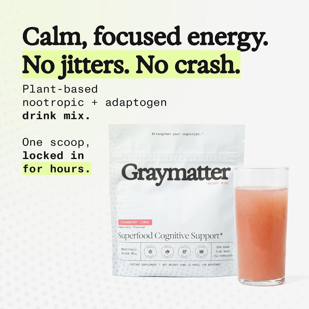 Graymatter Cognitive Support Powder, Strawberry Lemon, 40 Servings | Bright Mind brain health formula in convenient powder form for daily mental clarity and cognitive wellness