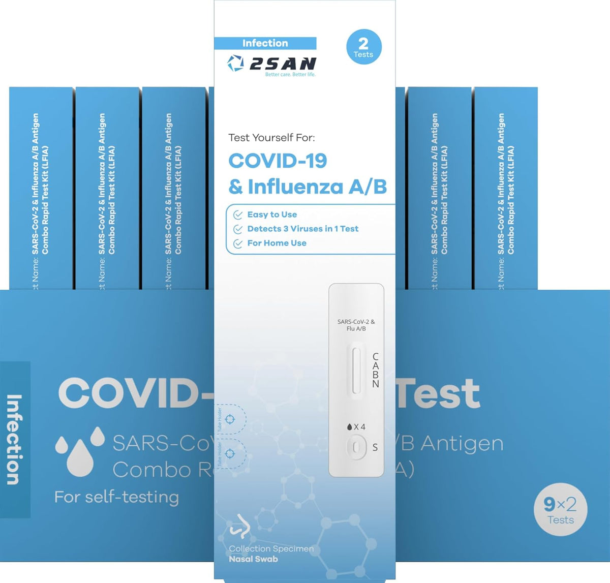 2San COVID-19 and Flu A/B Rapid Test Kit, 15-Minute Results, Easy At-Home Antigen Self-Test for Quick and Accurate Detection of COVID and Influenza, 18 Pack