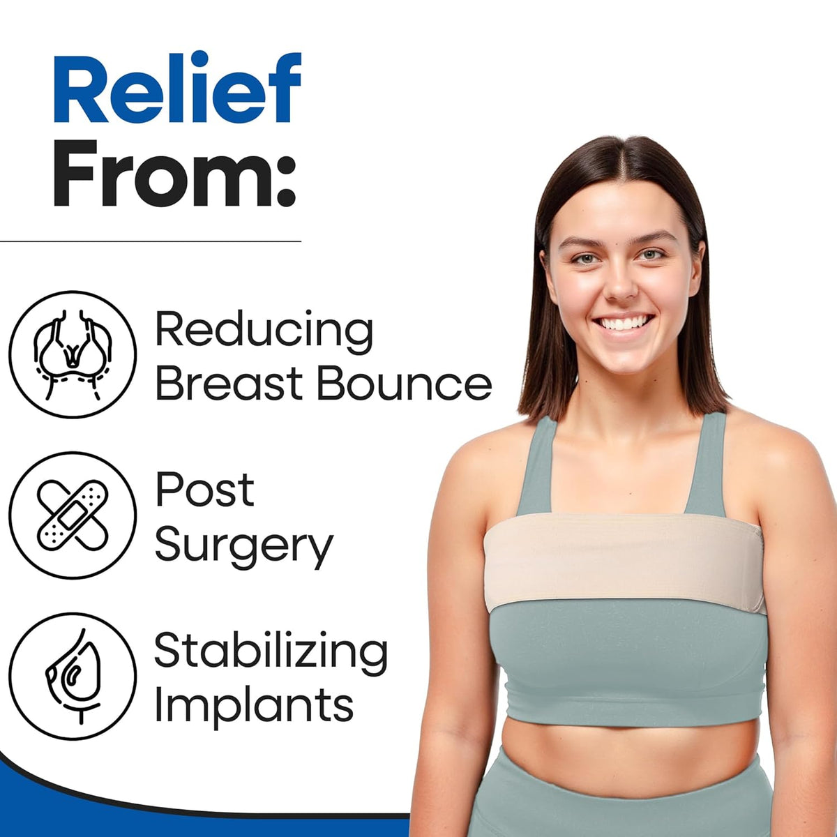Post Op Breast Augmentation Band - Breast Implant Compression Support Wrap for Post Surgery No Bounce High Impact Stabilizer Strap for Sports Bra Alternative (Fits Most)