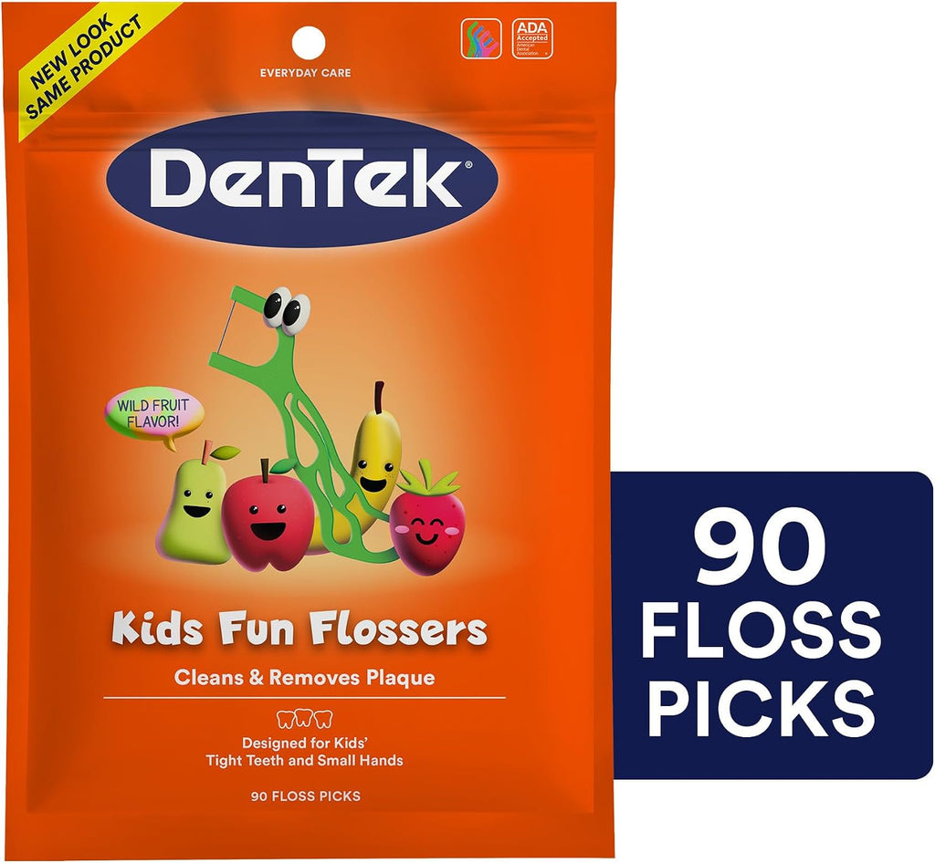 Dentek Floss Picks, Kids Flossers, Wild Fruit Flavor, 90 Count | Remove Food & Plaque, Designed for Kids', For Tight Teeth & Small Hands, Fun Flossers, Kid-Friendly Dental Floss