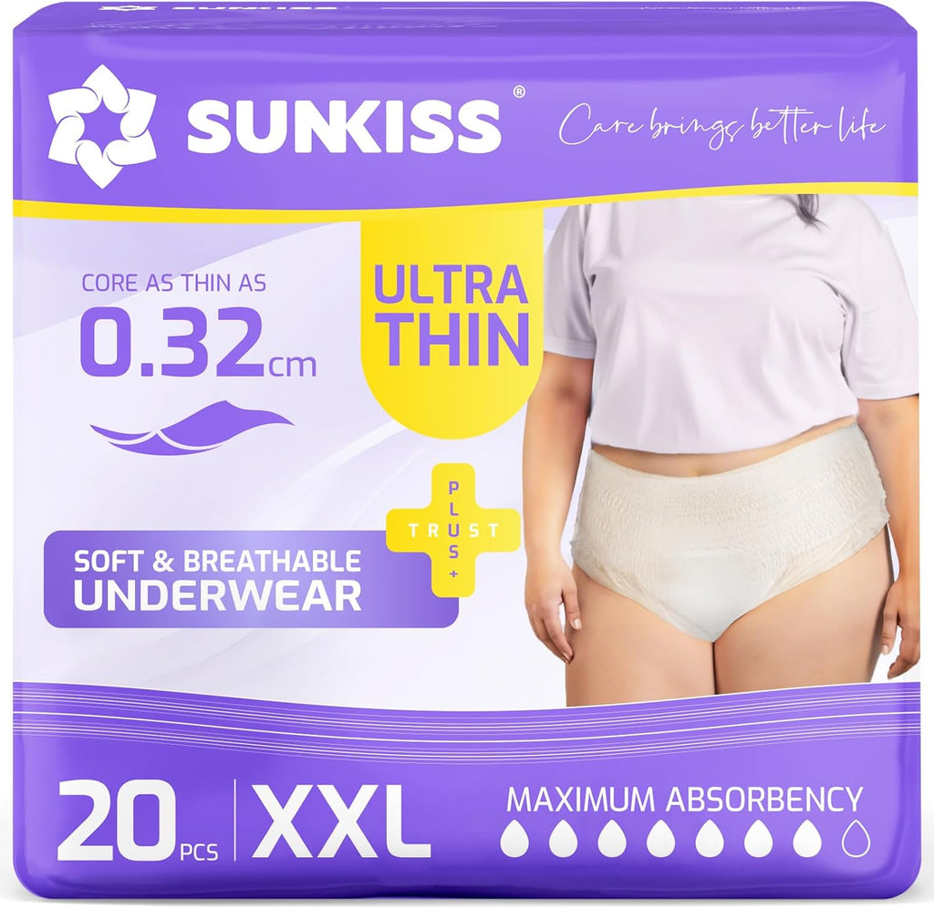 SUNKISS TrustPlus Women's Ultra Thin Incontinence Briefs Size XXL, 20 Disposable White Panties, 7 Drops, High Absorption and Light Comfort for Moderate or Postpartum Leaks