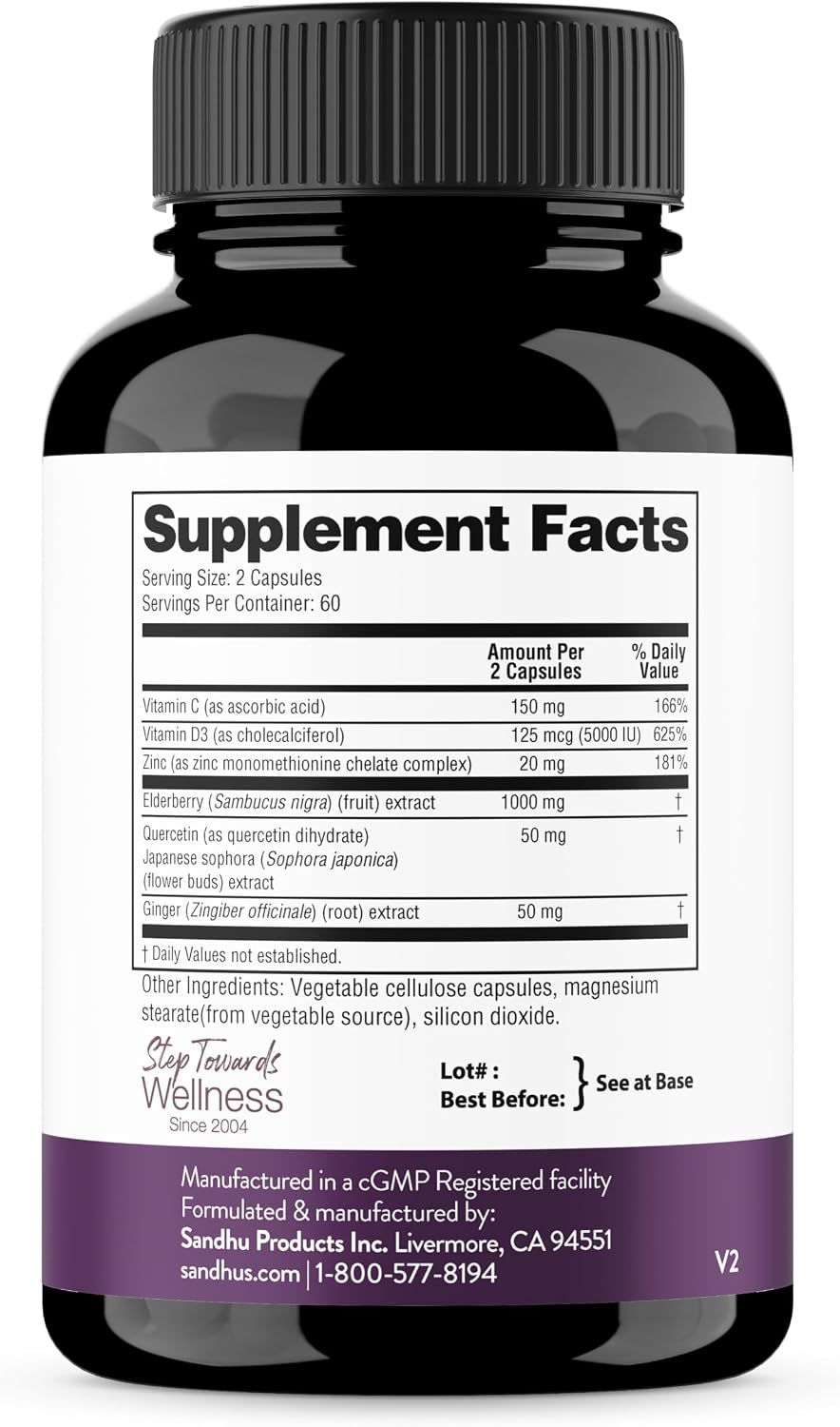 Elderberry Vitamin C and Zinc Capsules with D3 and Quercetin, 120 Count | 6-in-1 Immune Support Supplements For Adults, Sambucus Extract Zink Ginger USA Made in NSF GMP Certified Facility By Sandhu's