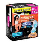 Whisper Choice Nights, 40 XXL Pads, Gives Up to 100% worry-free protection all night with 4x back coverage