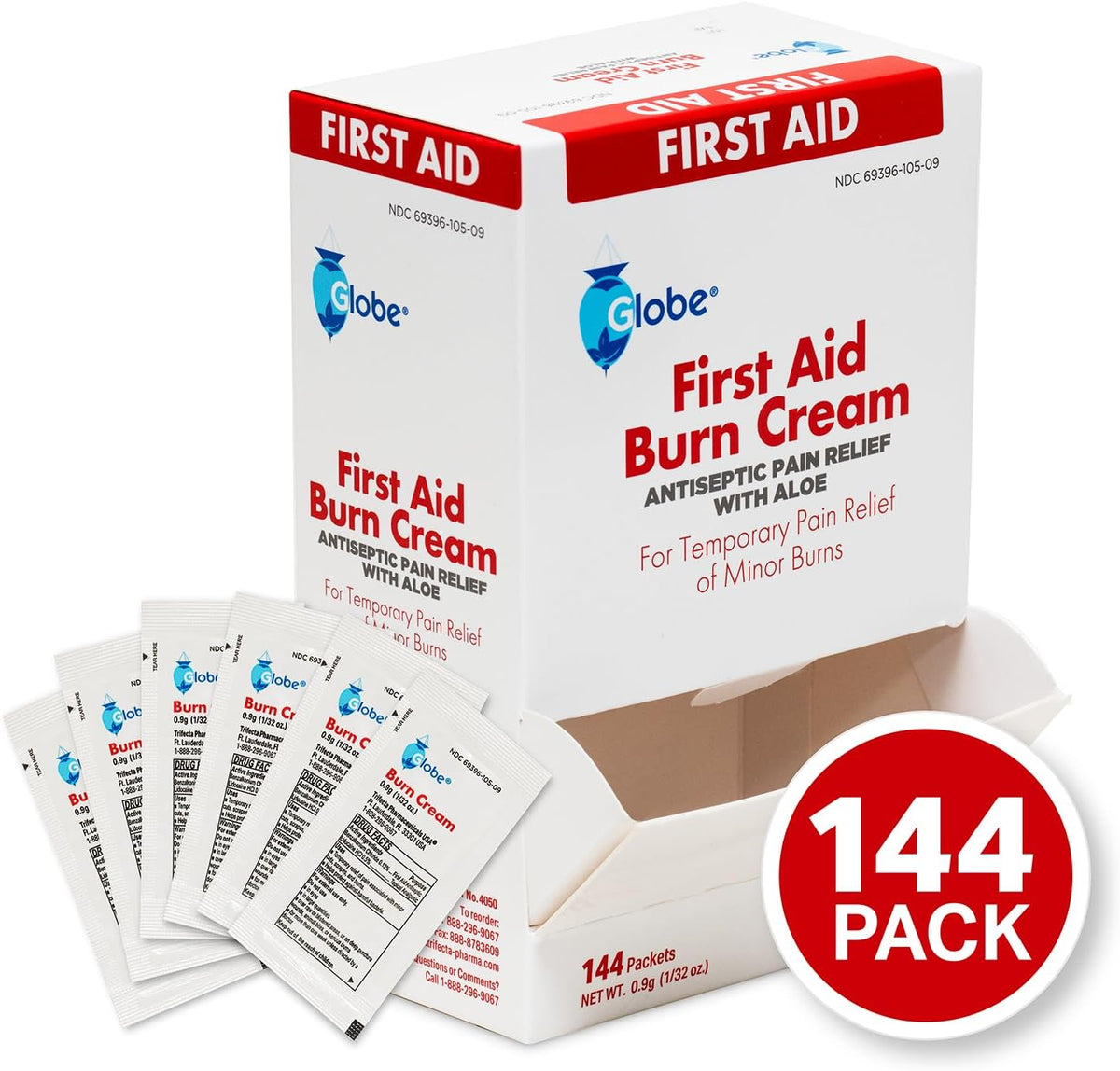 Globe First Aid Burn Cream, Aloe Formula, 0.9 g, Box of 144 | Burn Care Cream, Single Use Packets, Unscented Formula, Portable Supply, First Aid Kit Essential