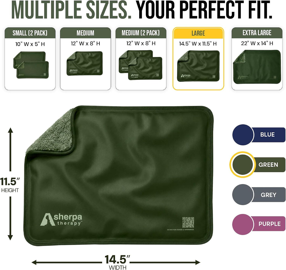 Flexible Hot and Cold Gel Pack, Large 11.5" x 14.5" | Reusable soft gel ice pack for injuries, recovery, dual-sided plush, medical grade for back, shoulder & muscle relief, green