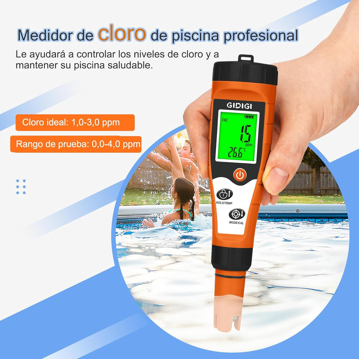Chlorine, pH and Salinity Pools Meter, 7 in 1 pH FAC, Salt, ORP, EC, TDS and Temp with Calibration Solution, Chlorine Meter for Swimming Pools, Aquariums, Hydroponics and Drinking Water