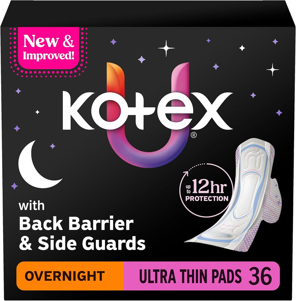 Kotex Ultra Thin Overnight Pads with Wings, Heavy Absorbency, 36 Count (Packaging May Vary)