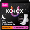 Kotex Ultra Thin Overnight Pads with Wings, Heavy Absorbency, 36 Count (Packaging May Vary)