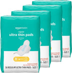 Amazon Basics Regular Absorbency Feminine Pads for Women, Ultra Thin with Flexi-Wings, Unscented, Size 1, Absorbent, 144 Count (4 Packs of 36) (Previously Solimo)