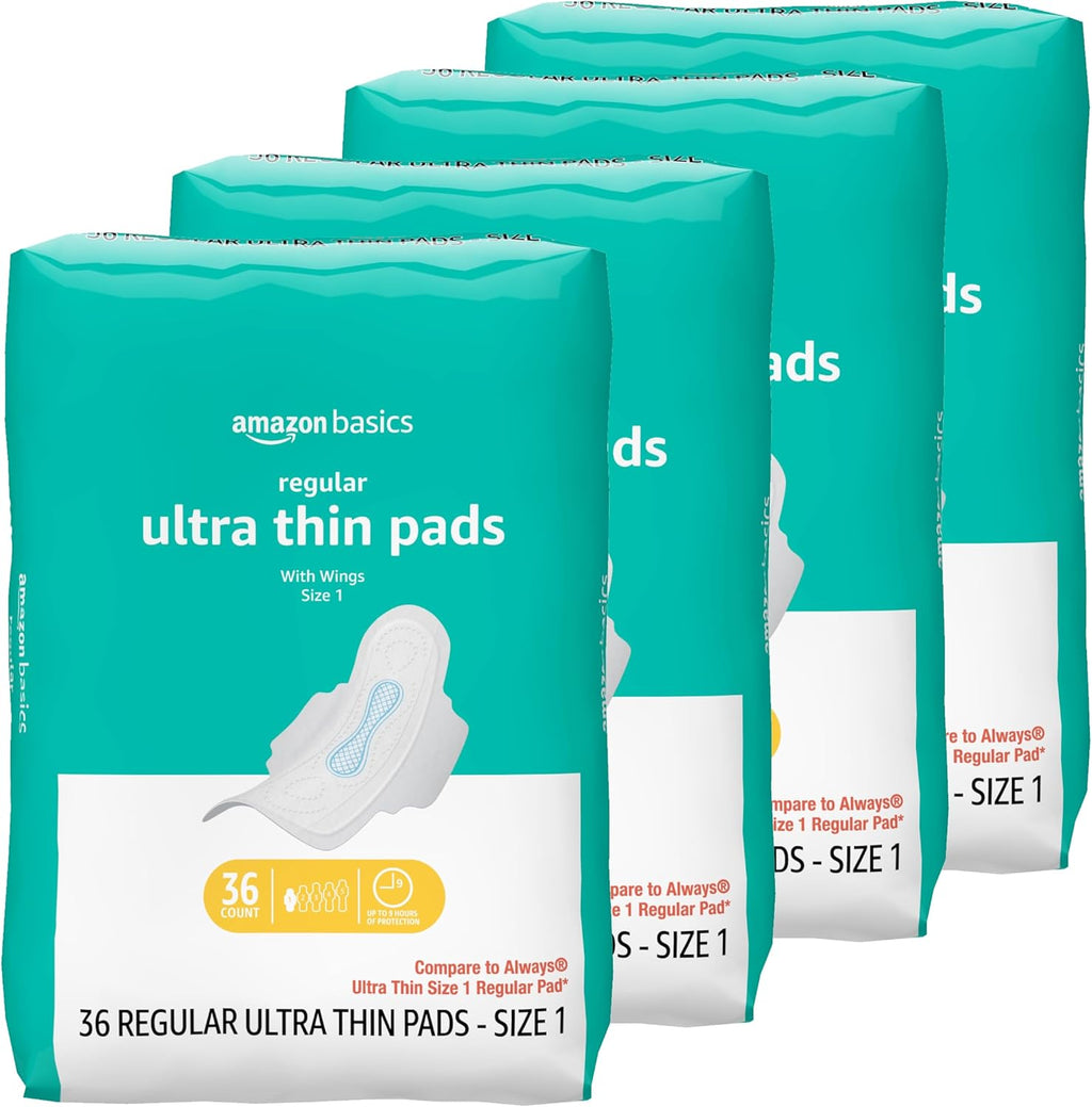 Amazon Basics Regular Absorbency Feminine Pads for Women, Ultra Thin with Flexi-Wings, Unscented, Size 1, Absorbent, 144 Count (4 Packs of 36) (Previously Solimo)